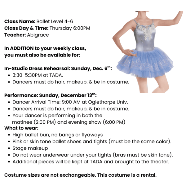 Ballet 4-6 Costume Tag Template Ages 10+