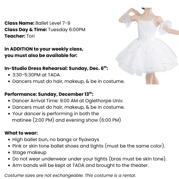 Ballet 7-9 Costume Tag Template Ages 10+