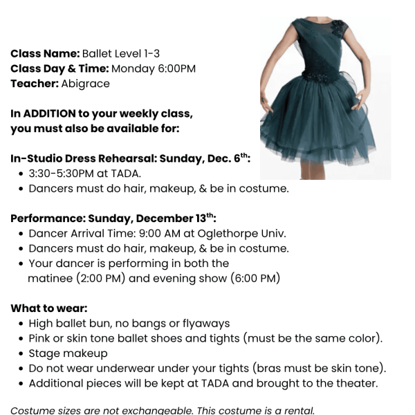 Ballet THURS 1-3 Costume Tag Template Ages 10+
